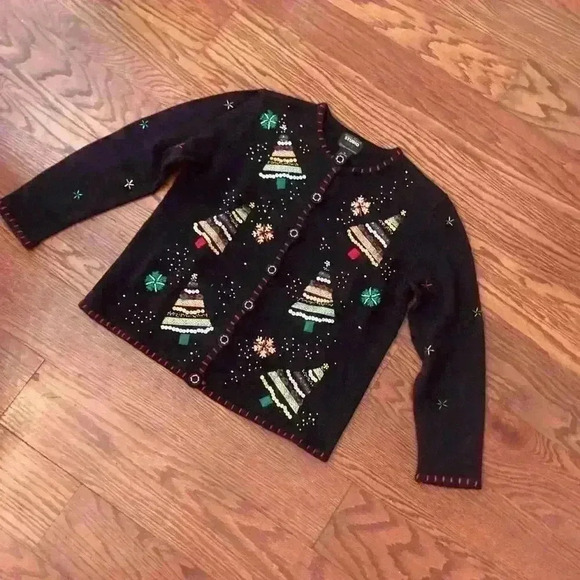 Vintage Christmas Beaded Sequin Sweater Cardigan Size Medium Ugly Christmas - Picture 10 of 15